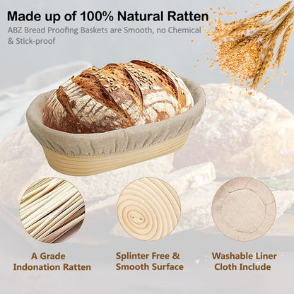 Banneton Proofing Basket, Oval Bread Proofing Basket Set, 100% Natural Rattan Sourdough Bread Basket with Baking Supplies, Bread Lame, Dough Scrapers, Linen Liner & Silicone Bursh