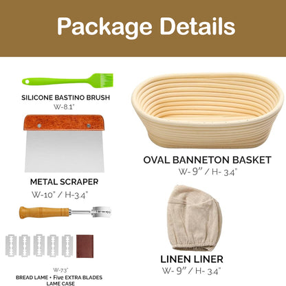 Banneton Proofing Basket, Oval Bread Proofing Basket Set, 100% Natural Rattan Sourdough Bread Basket with Baking Supplies, Bread Lame, Dough Scrapers, Linen Liner & Silicone Bursh