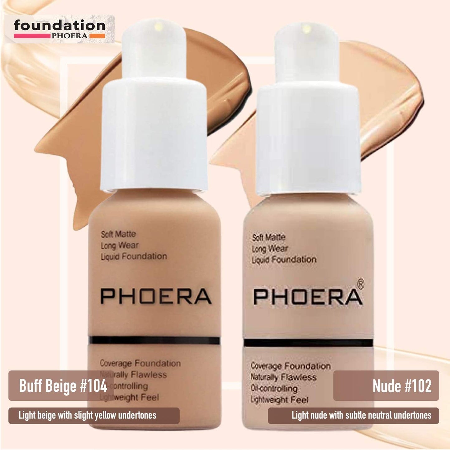 Phoera Foundation Full Coverage Makeup Set - Includes Nude & Buff Beige 30ml Matte Foundation, 6ml Face Primer, Cool Beige Setting Powder & 50ml Setting Spray for Shine-Free Matte Finish