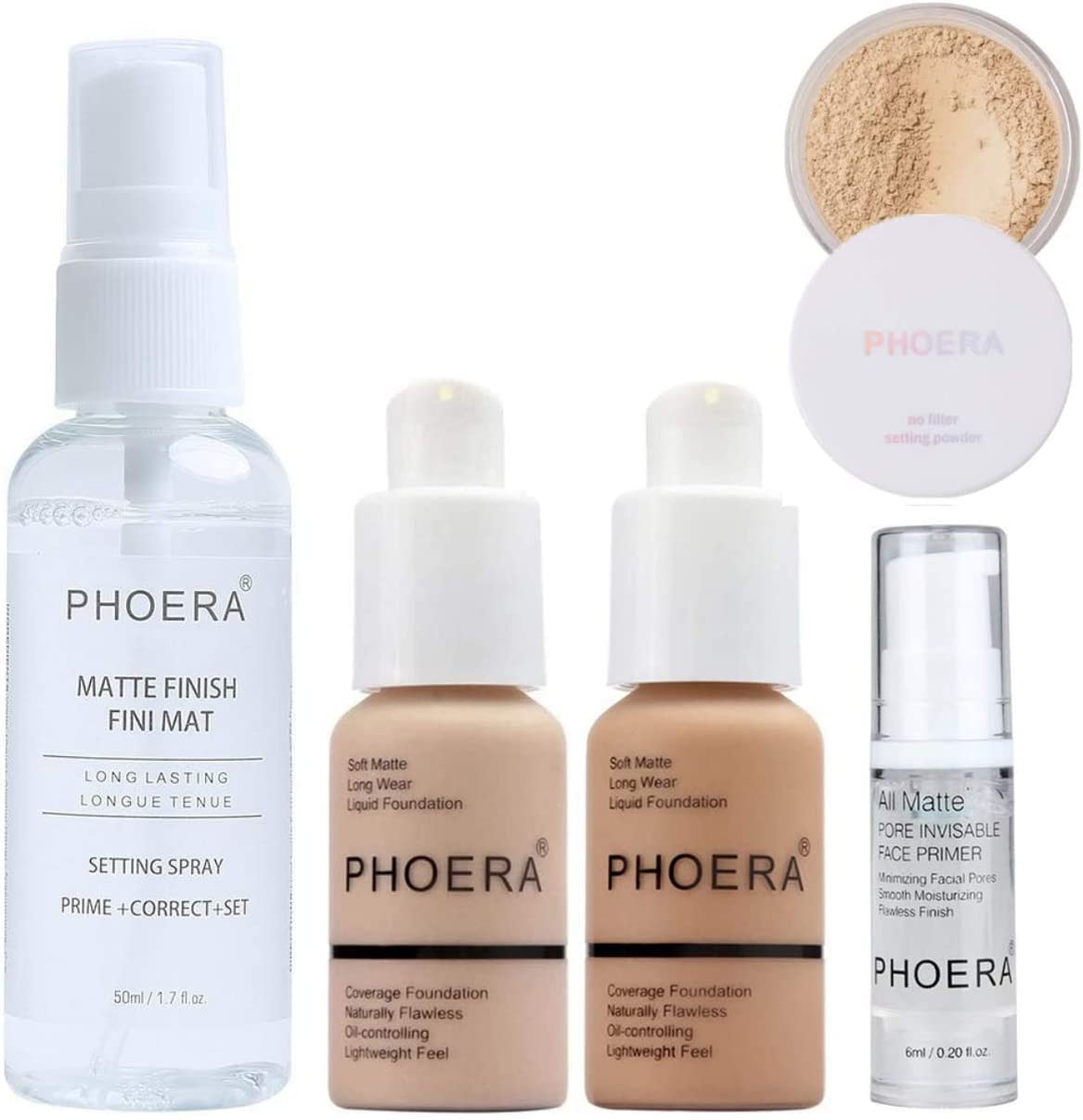 Phoera Foundation Full Coverage Makeup Set - Includes Nude & Buff Beige 30ml Matte Foundation, 6ml Face Primer, Cool Beige Setting Powder & 50ml Setting Spray for Shine-Free Matte Finish