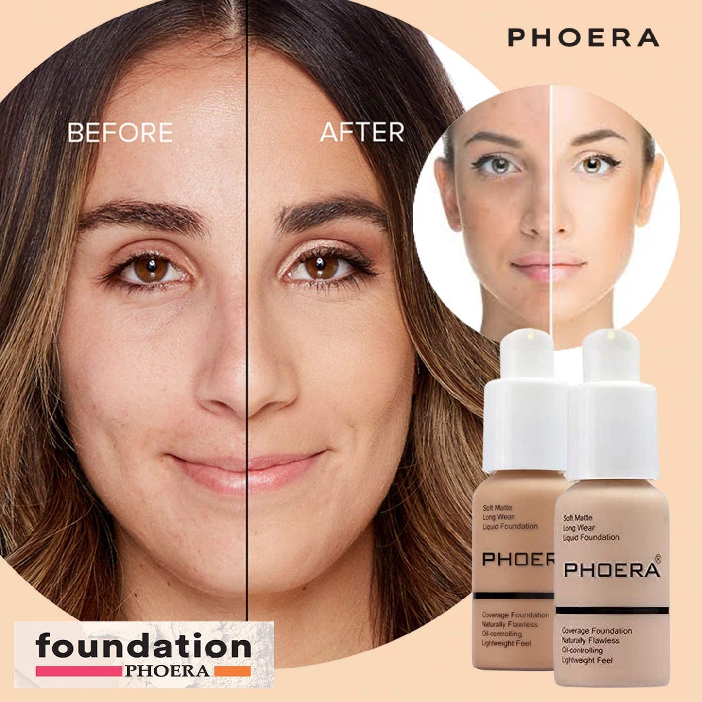 Phoera Foundation Full Coverage Makeup Set - Includes Nude & Buff Beige 30ml Matte Foundation, 6ml Face Primer, Cool Beige Setting Powder & 50ml Setting Spray for Shine-Free Matte Finish