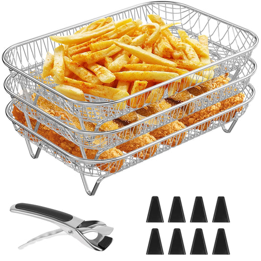 ABZ Air Fryer Rack 3 Layers - 8 inch Square Air Fryer - Stainless Steel Stacking Bacon Racks - Dual/Instant Vortex Plus/Salter 8.2L Grill Rack Dehydrator Rack for Cosori 6.4L, Gourmia 6.7L Air Fryer