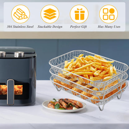 ABZ Air Fryer Rack 3 Layers - 8 inch Square Air Fryer - Stainless Steel Stacking Bacon Racks - Dual/Instant Vortex Plus/Salter 8.2L Grill Rack Dehydrator Rack for Cosori 6.4L, Gourmia 6.7L Air Fryer