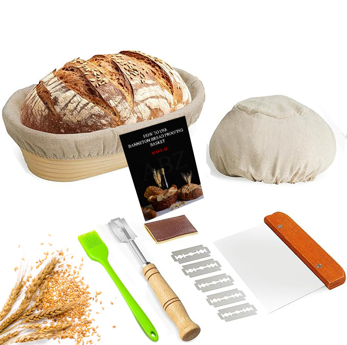 Banneton Proofing Basket, Oval Bread Proofing Basket Set, 100% Natural Rattan Sourdough Bread Basket with Baking Supplies, Bread Lame, Dough Scrapers, Linen Liner & Silicone Bursh